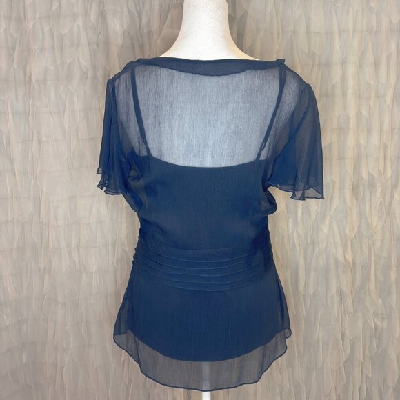 BCBGMAXAZRIA Navy Chiffon Pleated Flutter Sleeve Blouse | Women’s Size Medium - Picture 4 of 7